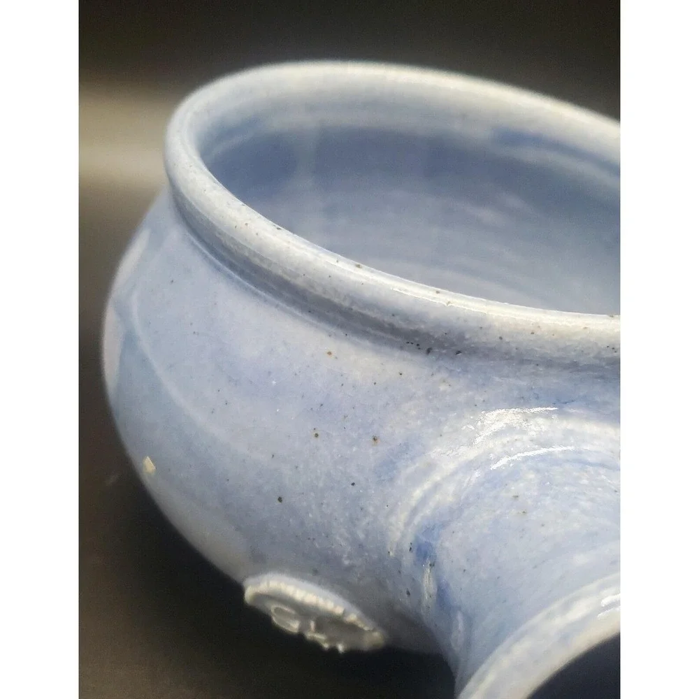 Handmade Studio Art‎ Pottery Handled Soup Bowl Blue Drip Glaze 7